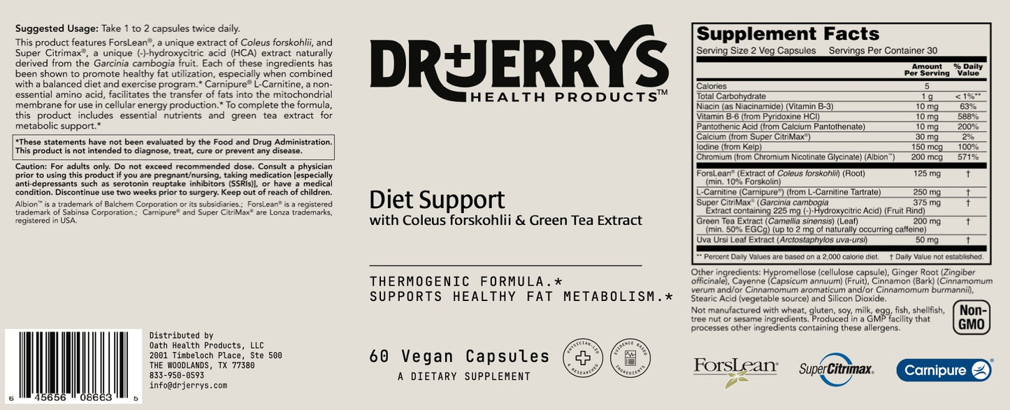 Dr. Jerry's Diet Support with Coleus forskohlii & Green Tea Extract (60 Vegan Capsules) - Supports healthy fat metabolism