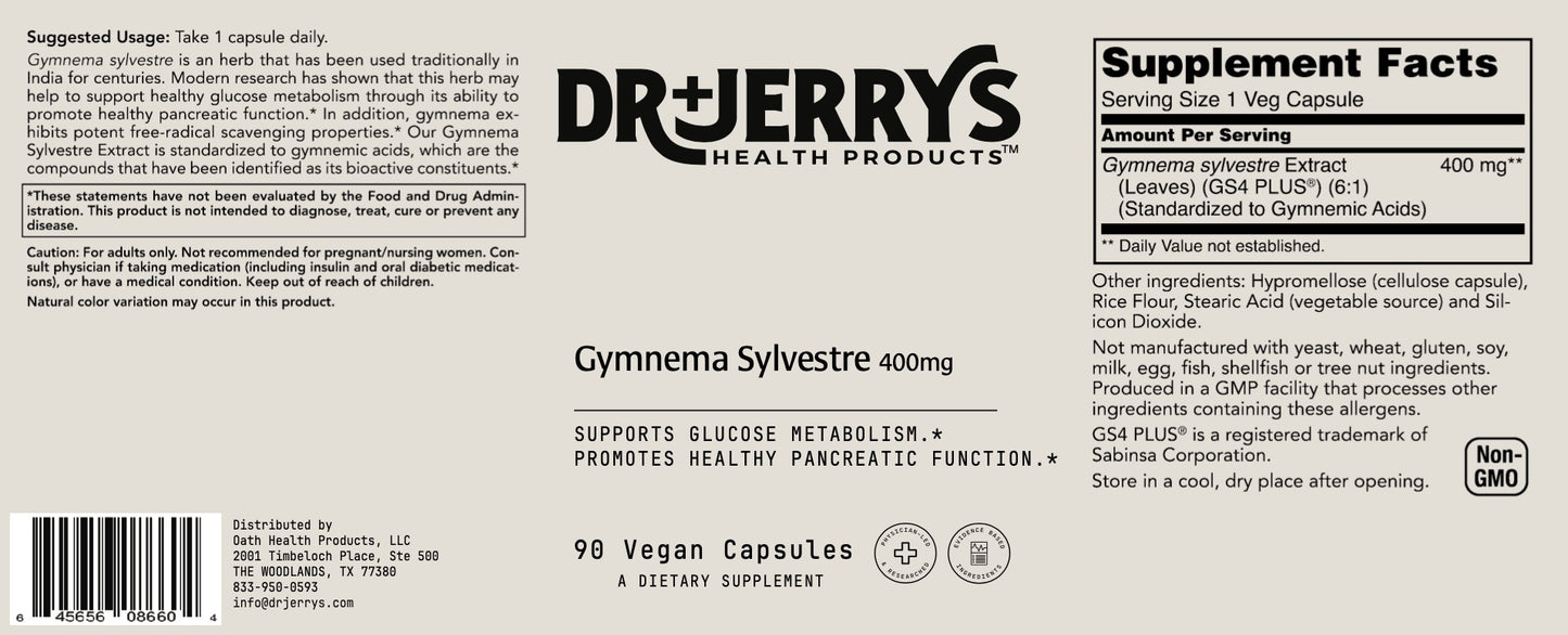 Dr. Jerry's Gymnema Sylvestre 400mg (90 Vegan Capsules) - Supports glucose metabolism, and healthy pancreatic function