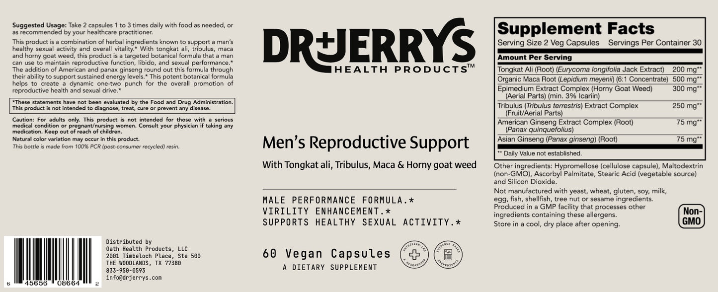 Dr. Jerry's Men's Reproductive Support with Tongkat ali, Tribulus, Maca & Horny goat weed (60 Vegan Capsules)