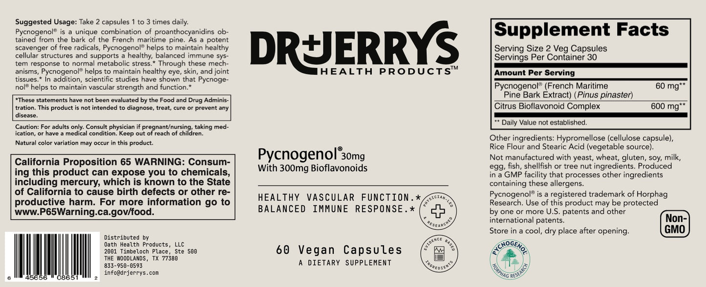 Dr. Jerry's Pycnogenol 30mg with 300mg Bioflavonoids (60 Vegan Capsules)
