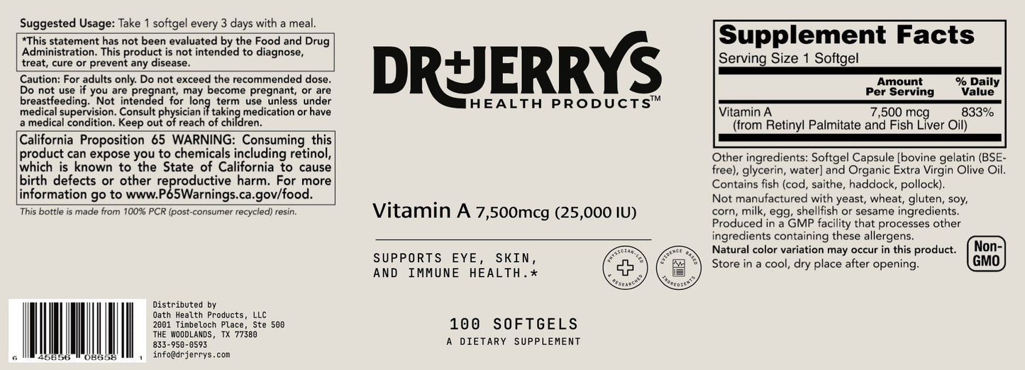 Dr. Jerry's Vitamin A 7,500 mcg (25,000 IU) (100 Softgels)