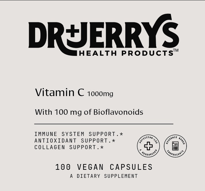 Dr. Jerry's Vitamin C 1000mg with 100mg of bioflavonoids (100 Vegan Capsules) - immune system, antioxidant, and collagen support