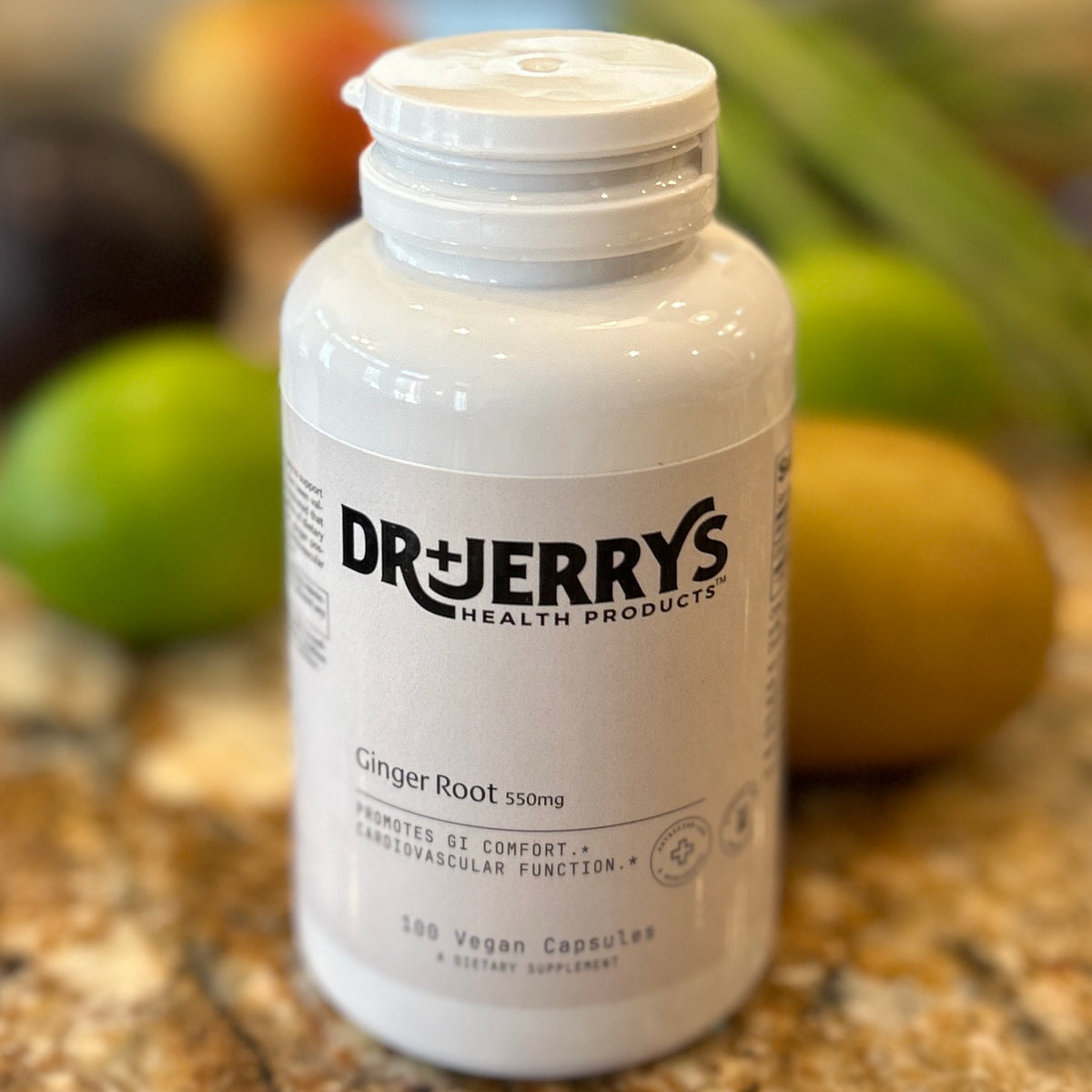 Dr. Jerry's Ginger Root 550 mg, 100 vegan capsules bottle