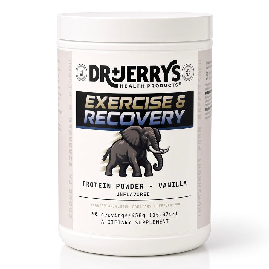 Dr. Jerry's Plant Protein — Vanilla, Exercise & Recovery protein powder bottle