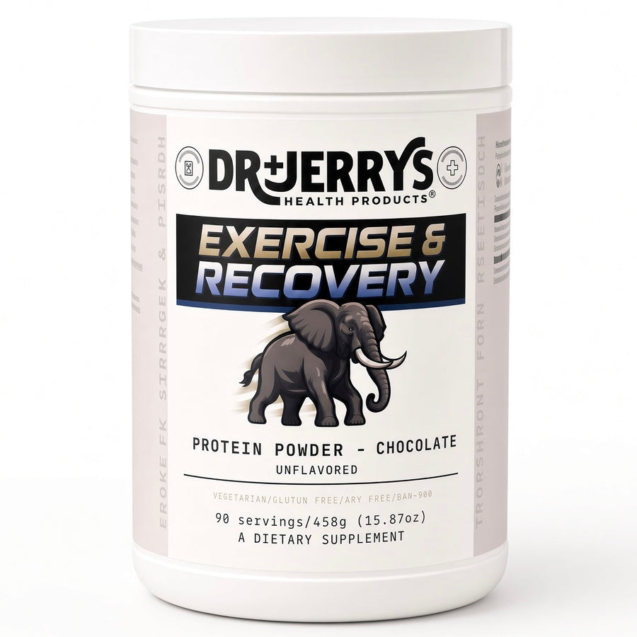 Dr. Jerry's Plant Protein — Chocolate, Exercise & Recovery protein powder bottle